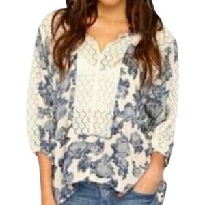 Free People Moon River Floral Lace Peasant Top Blue White Oversized Size Medium